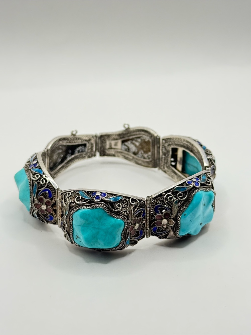 Antique Turquoise-enamelled Silver bracelet China - Filligree - Vintage 7.5inch